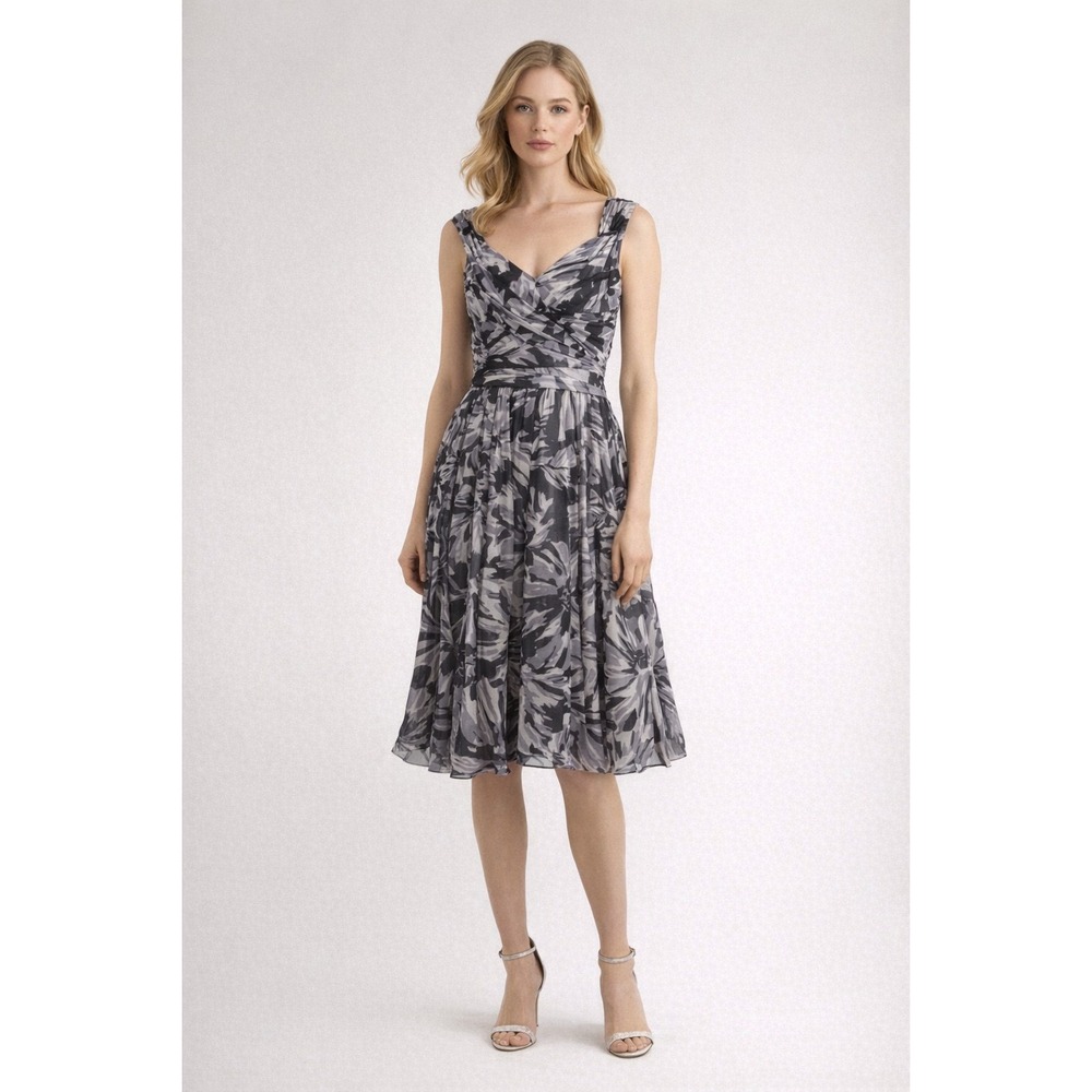 Rickie Freeman Teri Jon Gray Floral 100% Silk Midi Dress Sleeveless Womens 8